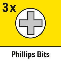 3 Kreuzschlitz-Bits "Phillips" PH0/PH1/PH2 enthalten