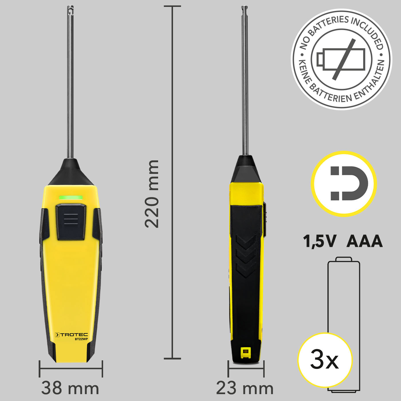 BT22WP – Abmessungen, Batterie(n) und Magnethalterung