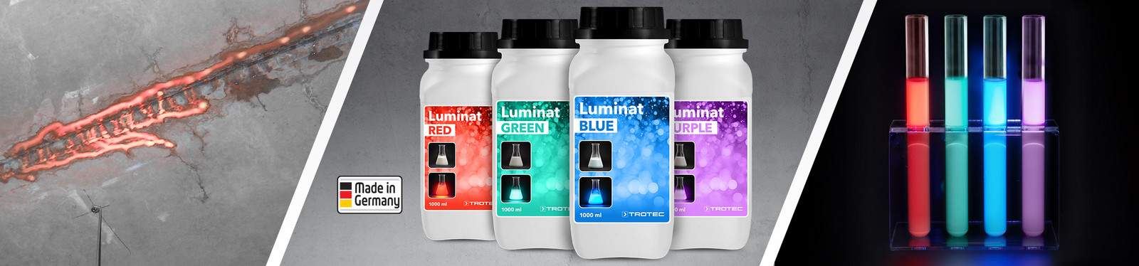Leuchtfarbstoffe der Trotec Luminat-Serie zur UV-Fluoreszenzanregung bei der Detektion von Leckstellen